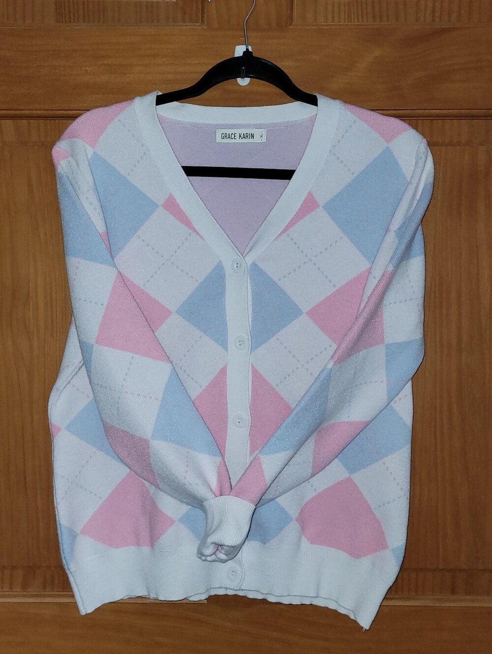 Grace Karin Cardigan Womens XL Argyle Preppy Pastels Academia